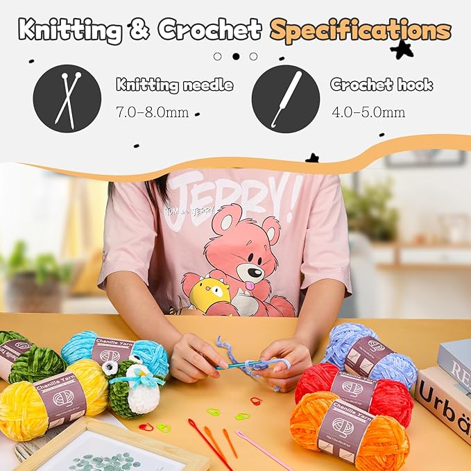 LUNARM 18 Skeins Chenille Yarn for Crocheting, Handmake Weaving Thick Soft Chunky Yarn for Blankets Clothes Crochet Craft with Crochet Hooks Needles Stitch Markers,3.53oz/Skein(Pink Series)