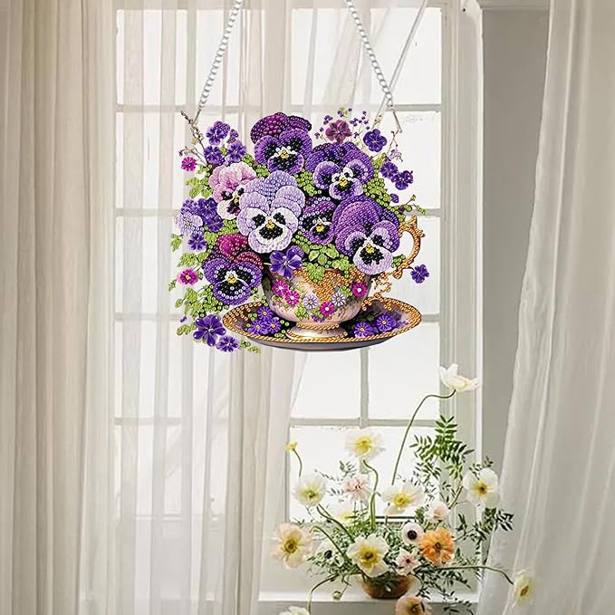 AIBOERL Diamond Art Hanging Kit for Adult,Special Shaped Rhinestone,Double Sided 5D DIY Acrylic Diamond Art Painting Wall Hanging Kits Hanging Ornament 7.87×7.87(Pansy)