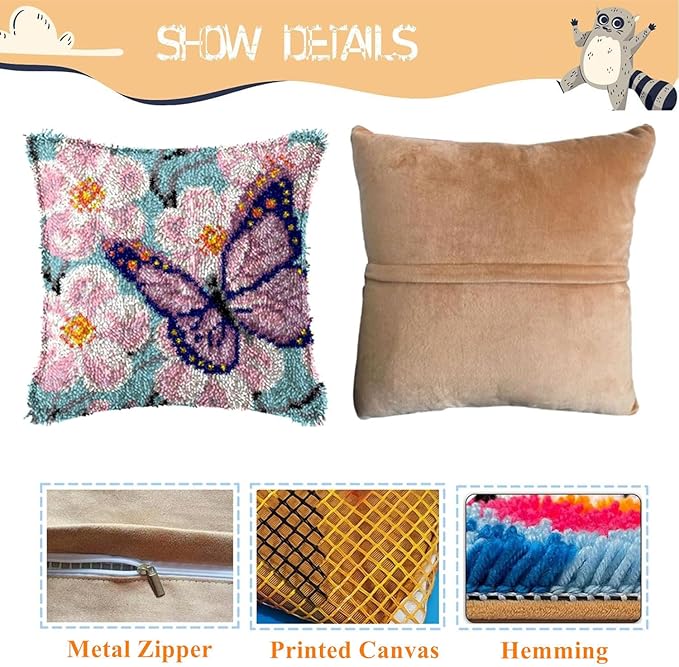 EMISTEM Latch Hook Kits for Adults - Latch Hook Pillow Kits, Crochet Yarn Kit for Beginners, DIY Needlework Crafts Cover Case with Printed Canvas,(Butterfly in Flowers,17x17 inch)