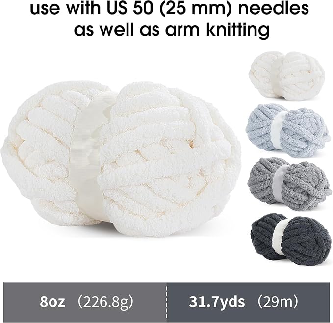 MABOZOO Assorted Chunky Yarn for Crocheting 8 Pack,Fluffy Jumbo Chenille Yarn,Soft Plush Yarn Bulky,Giant Thick Fuzzy Yarn for Hand or Arm Knitting,Cream & Multi Grey(31.7 yds,8 oz Each Skein)