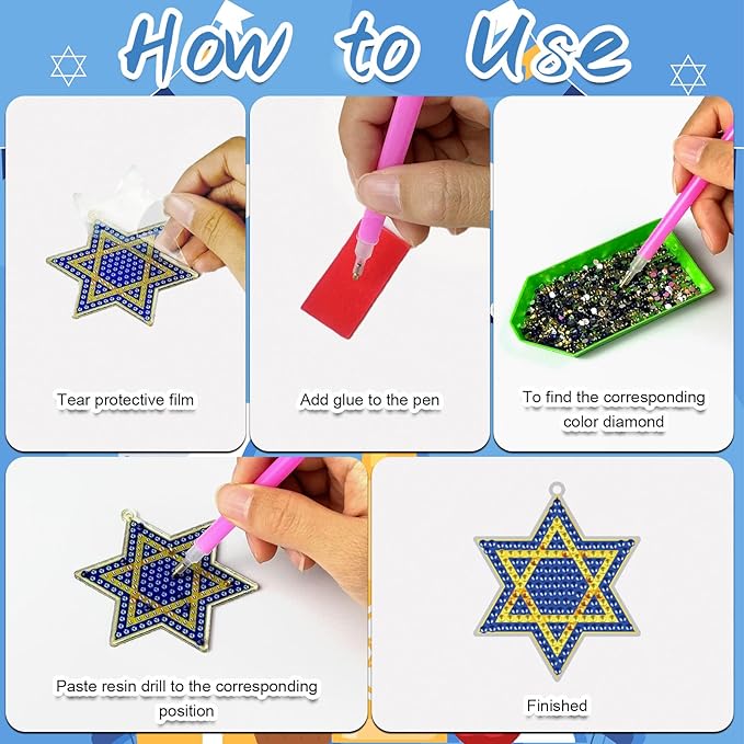 Cinrobiye 24 Pcs Hanukkah Diamond Painting Keychains Kits Chanukkah 5D DIY Art Pendants Double Sided Hanging Ornaments Rhinestone Mosaic Making Set for Hanukkah DIY Party Favors Decor Supplies