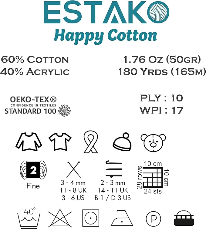Estako Happy Cotton, (4 Skeins Pack) 60% Cotton 40% Acrylic Yarn, Soft, Fine/Sport (2) for Crochet and Knitting (4 x 1.76 Oz) / (4 x 180 Yrds) (4720 - Orange)