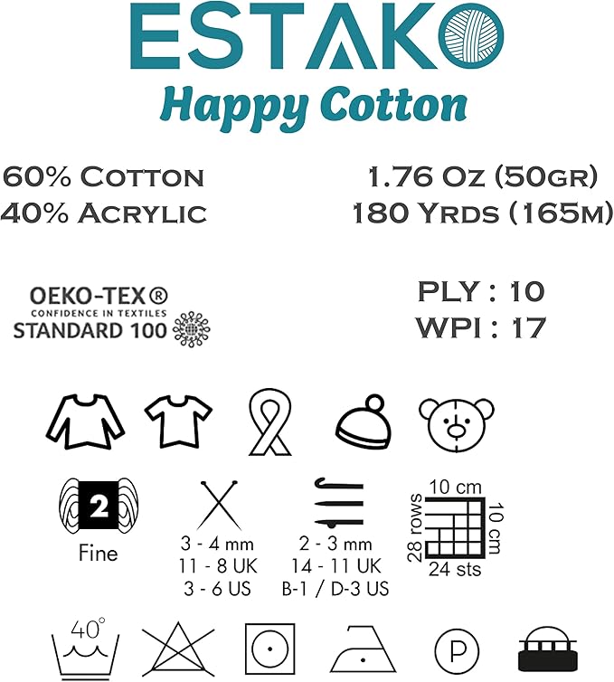 Estako Happy Cotton, (4 Skeins Pack) 60% Cotton 40% Acrylic Yarn, Soft, Fine/Sport (2) for Crochet and Knitting (4 x 1.76 Oz) / (4 x 180 Yrds) (4260 - Cyan)