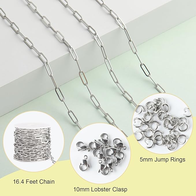 SMYHTGLIF 5 Meters Flat Paperclip Stainless Steel Jewelry Making Chains Silver Necklace Bracelet DIY Jewelry Making Findings