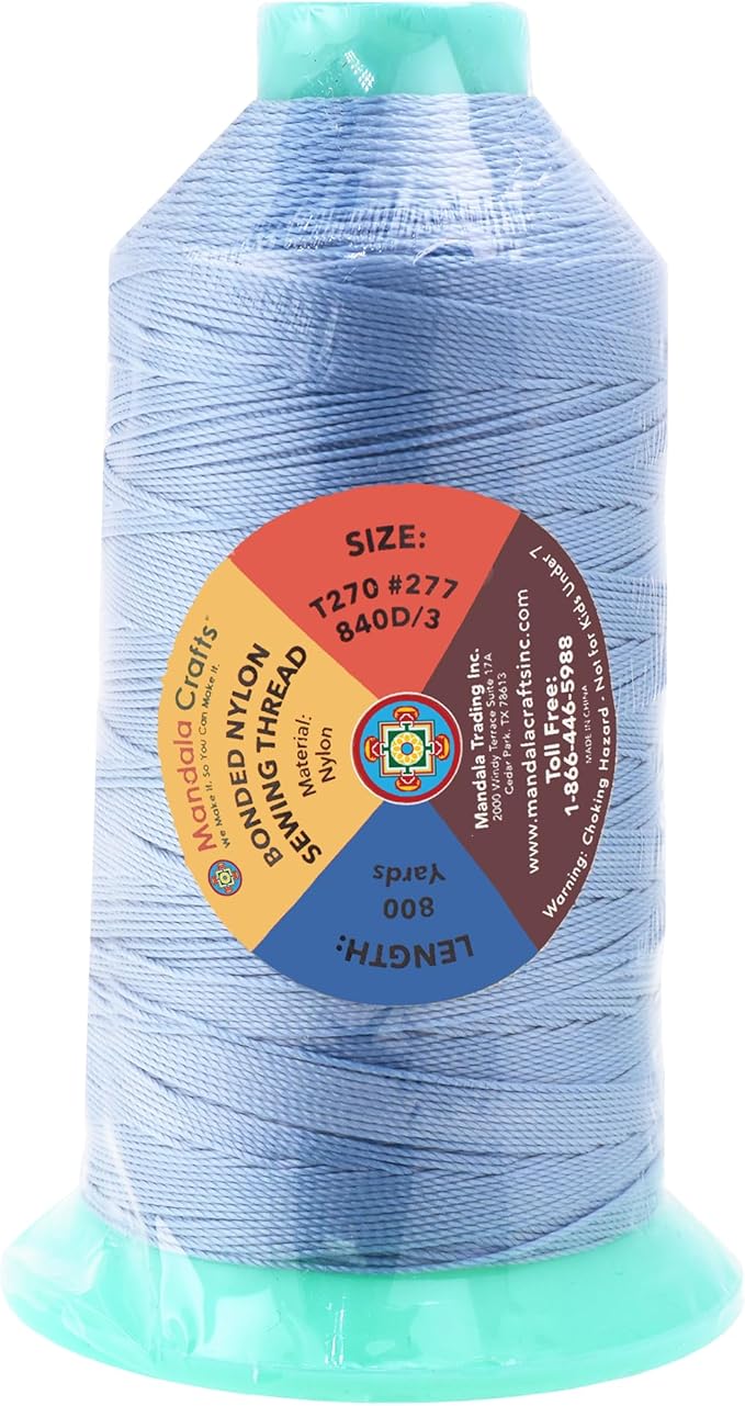 Mandala Crafts Size 277 840D T270 Bonded Nylon Thread - Light Blue 800 YDs Tex 270 Heavy Duty Sewing Threads for Leather, Jeans, Weaving, Outdoor Marine Upholstery