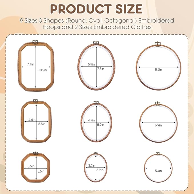 9 pcs embroidery hoop frame set decorative imitated wood embroidery hoop display frame for art craft sewing decorative ornaments, circle, oval, octagonal embroidery hoops
