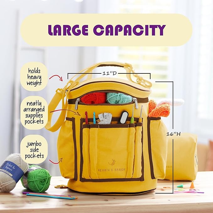 Hearth & Harbor Crochet Bag Organizer – Durable Knitting Bag, Yarn Organizer for Accessories and Supplies, Canvas Yarn Holder, Crochet Carrying Case with Accessories Pouch, Storage Organizer –Mustard