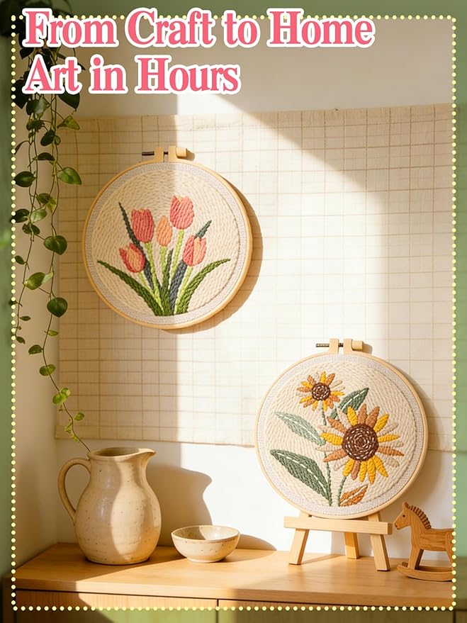 Punch Needle Kit Adults Beginner- Step-by-Step Guide & Video, Including Punch Needle Fabric with Pattern/Hoop/Needle/Yarns, Spring Embroidery Craft Kits, Easy Hobby Gifts for Women, Tulip