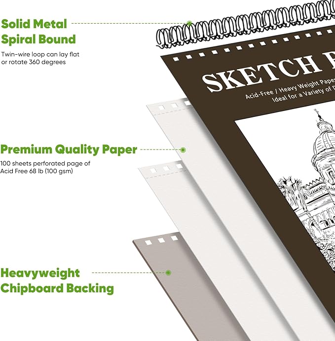 soucolor 11" x 14" large sketchbook, 100 sheets 68lb/100gsm top spiral bound large sketch pad, acid free big sketch paper for drawing, illustration, art class