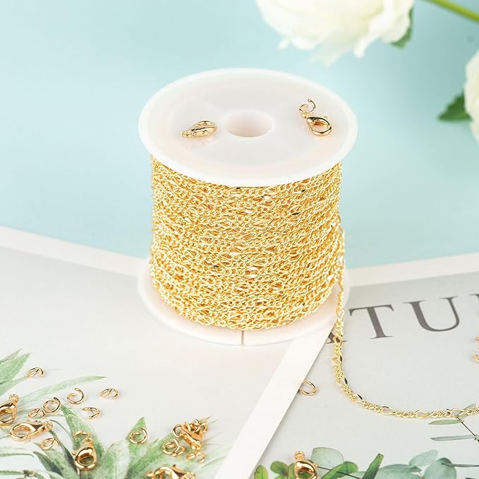 KYUNHOO 32.8FT/10M Brass Curb Link Chain Bulk Light Gold Necklace Chain for Jewelry Making Bracelet Making Supplies with Jewelry Clasps for Women DIY