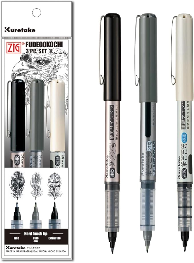 Kuretake Zig Inktober pen set, for Illustration, Manga Drawing, Lettering and Calligraphy, Professional Artist, Made in Japan (FUDEGOKOCHI(3pcs.))