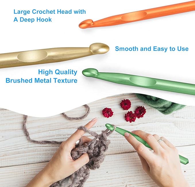 vodiye 3 sizes large crochet hooks 10-15mm, ergonomic crochet hook set, colorful metal hooks for chunky yarn and diy crafts