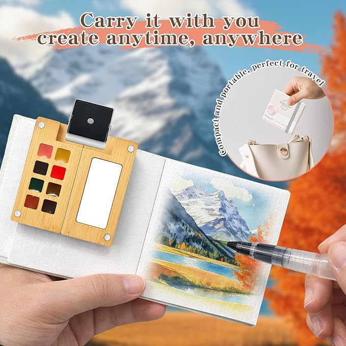Mini Watercolor Paint Set - Mini Travel Watercolor Palette Set, Pocket Water Color Paint Palette Kit with 12 Colours, Sketchbook, Pens, Wooden Paints Box for Painters Artists