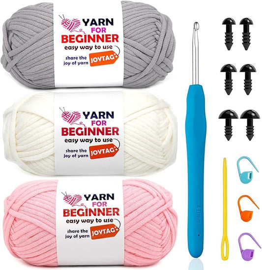 Cotton-Nylon Blend Crochet Yarn Kit for Beginners - 3x50g Pink, White, Grey with Easy-to-See Stitches