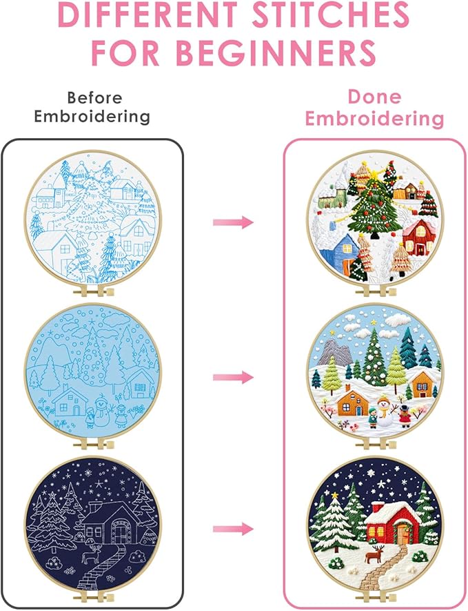 TINDTOP Christmas Embroidery Kit for Adult, 3 Pack Embroidery DIY Starter Kit, with Stamped Patterns, Hoop, Tools, Colorful Threads with Needles, Instructions