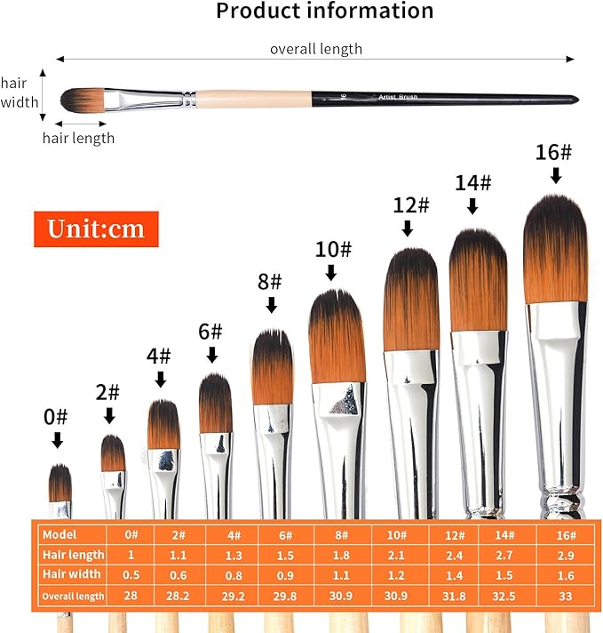 Artist Filbert Paint Brushes Set,9 Pcs Professional Painting Kits with Long Handle Soft Nylon Hair Filbert Brushes for Acrylic Oil Watercolor Gouache