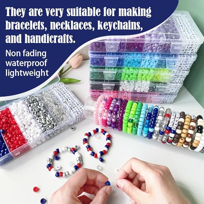 MIIIM 1300 Pcs Pony Beads Kit for Friendship Bracelet, 6 Styles Kandi Bracelet Kit in Box with Individual Compartments, Hair Beads for Braids, Letters (The 4th of July Scheme)