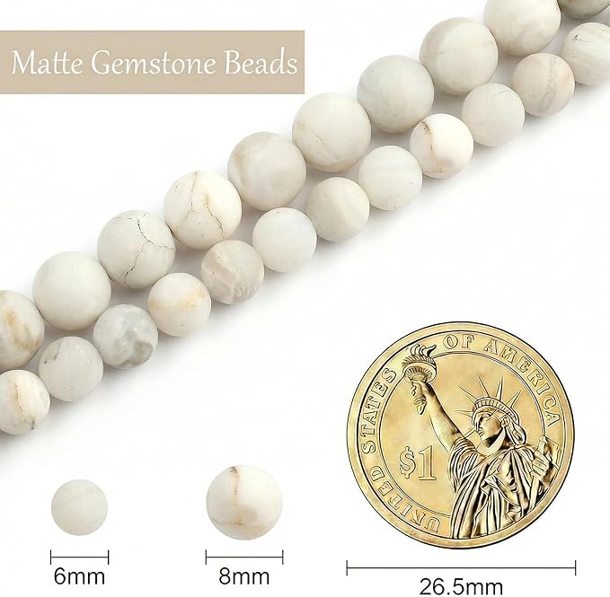 Stone Beads, 60pcs Matte White Quartz, 6mm Round Loose Beads for Jewelry Making, Bracelets, with Bag, String & Card