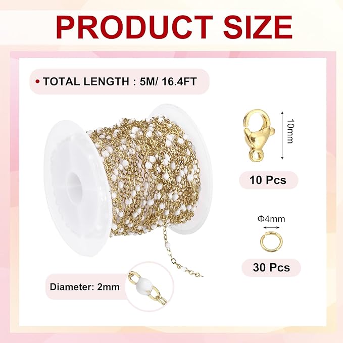 MECCANIXITY Stainless Steel Bead Chain, 16.4 Feet/5M Enamel Beaded Jewelry Link Cable Chains Spool Kit for Jewelry Making, Necklace, Bracelets, DIY Crafts (Gold/White, Pack of 1)