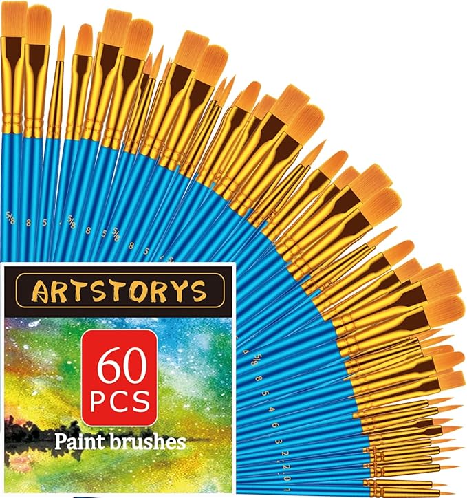 Paint Brushes Set, 6Pack 60 Pcs Paint Brushes for Acrylic Painting, Oil Watercolor Acrylic Paint Brush, Artist Paintbrushes for Body Face Rock Canvas, Adult Drawing Arts Crafts Supplies, Blue