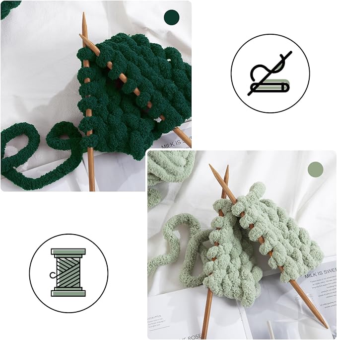 MABOZOO Assorted Chunky Yarn for Crocheting 8 Pack,Fluffy Jumbo Chenille Yarn,Soft Plush Yarn Bulky,Giant Thick Fuzzy Yarn for Hand or Arm Knitting,Sage Green & Dark Green(31.7 yds,8 oz Each Skein)