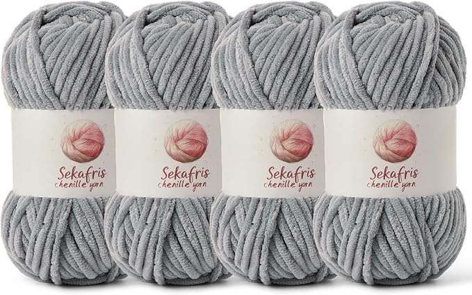 4 Pack Chunky Chenille Yarn for Crocheting, Baby Yarn for Crocheting Soft Blanket, 349.9 yds /14.1 oz Crochet Yarn, Bulky 5 Amigurumi Yarns, Fluffy Velvet Yarns for Knitting Crafts (4 Grayish)