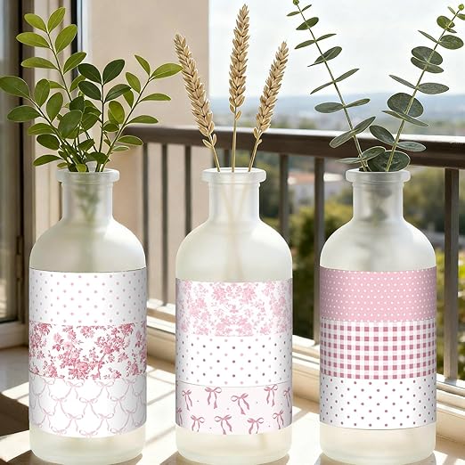 12 Rolls Watercolor Floral Washi Tape Set 15 mm Vintage Flower Decorative Masking Tape for Spring Arts DIY Craft Scrapbook Journal Supplies Gift Wrapping(Pink,Bows)