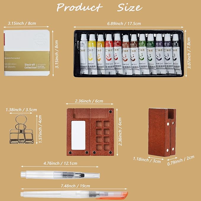 Pocket Artist Watercolor Travel Set, with 1 Walnut Wood Portable Palette (8 Grids), 12 Vibrant Paints, 2 Sketch Books, 6 Brush Pens, Mini Watercolor Paint Set for Artists, Outdoor or Urban Sketchers