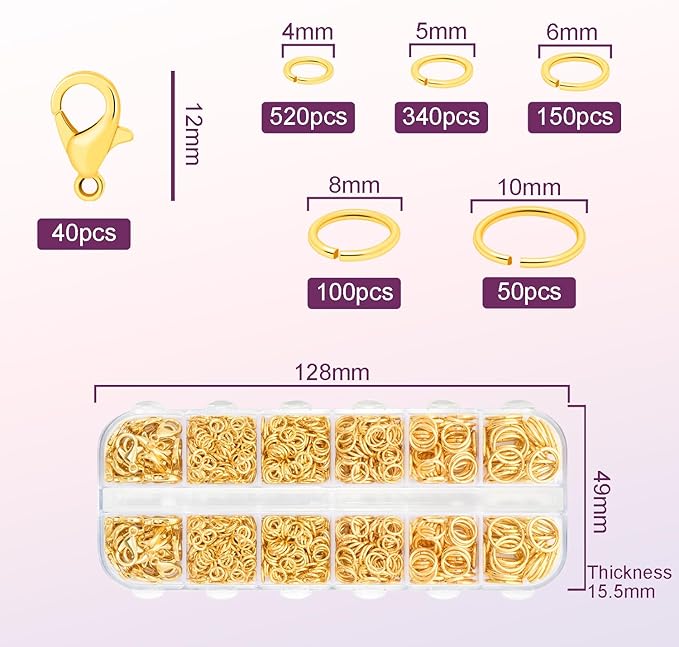 1200pcs Jump Rings for Jewelry Making Supplies, Necklace Repair Assorted Kit, 12mm Lobster Clasp 5 Size Jump Ring for Jewelry Clasps and Closures (Gold)