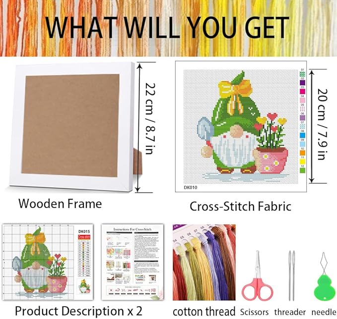VIGEGU Gnome Cross Stitch Kits for Beginners,Flowers Stamped Cross Stitch for Adults with Wooden Framed,Embroidery Kit, Partial 11CT Cross-Stitch Arts and Crafts for Adults 7.9x7.9inch