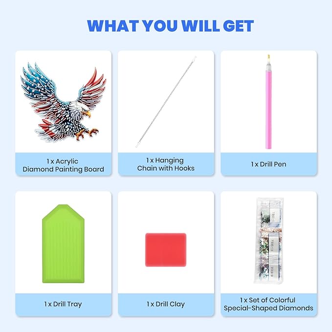 MXJSUA Diamond Art Hanging Kits for Adults Beginners, American Flag Eagle DIY Acrylic Special Shaped Crystal Diamond Gem Art Pendant Drills Painting Ornament for Home Wall Decor and Gift