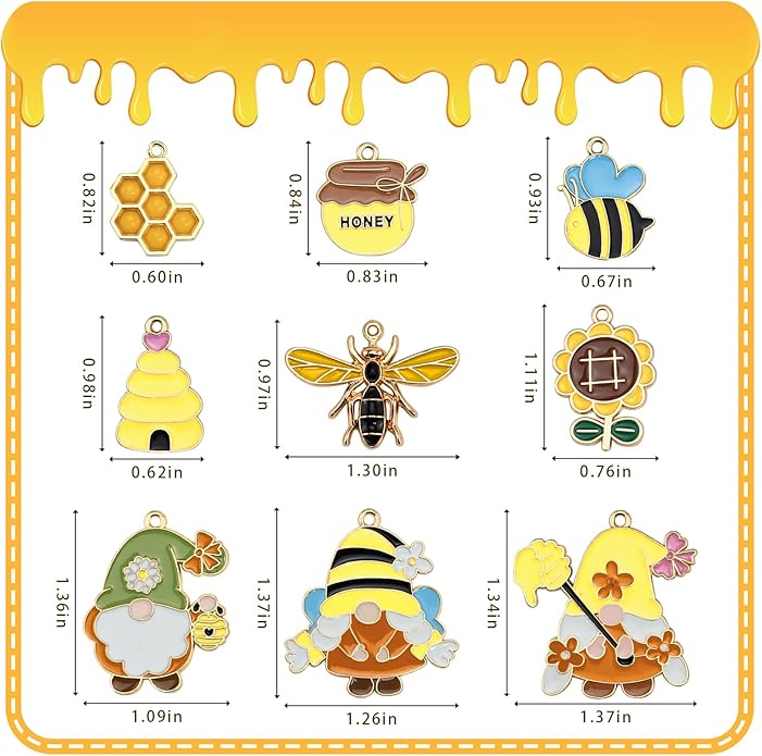 40Pcs Cartoon Enamel Bee Charms Set, 20 Styles Assorted Honeybee Honeycomb & Gnome Alloy Pendants for Jewelry Making Crafts DIY Necklace Bracelet Keychain Crafting Charms Kit