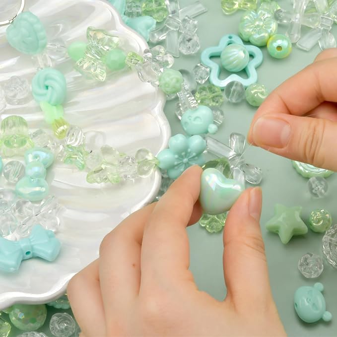 ABONDEVER 245-300Pcs Assorted Acrylic Beads for Bracelets Making Cute Star Bow Flower Candy Heart Gummy Bear Butterfly Beads for DIY Jewelry Crafts Keychain Necklace Phone Charms(Green)