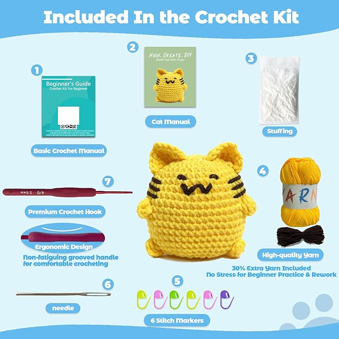 JueRum All in One Crochet Kit for Beginners,2PSC Cat Crochet Starter Kit with Step-by-Step Video Tutorials,Learn to Crochet Amigurumi Animals Knitting Kit for Adult