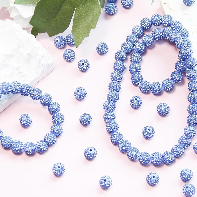 200 Pcs 10mm Rhinestone Beads for Jewelry Making, Blue Shiny Round Shamballa Disco Baseball Necklace Beads Sparkle Crystal Clay Pave Rhinestones Bead for DIY Bracelet Earring Craft Making Supplies