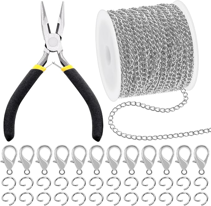 102Pcs Jewelry Making Chains Kit, 10 Yards Necklace Chains Jewelry Chains with 50Pcs Open Jump Rings, 50Pcs Lobster Clasps, Chain Nose Pliers for DIY Necklace Bracelet Jewelry Making (White K)