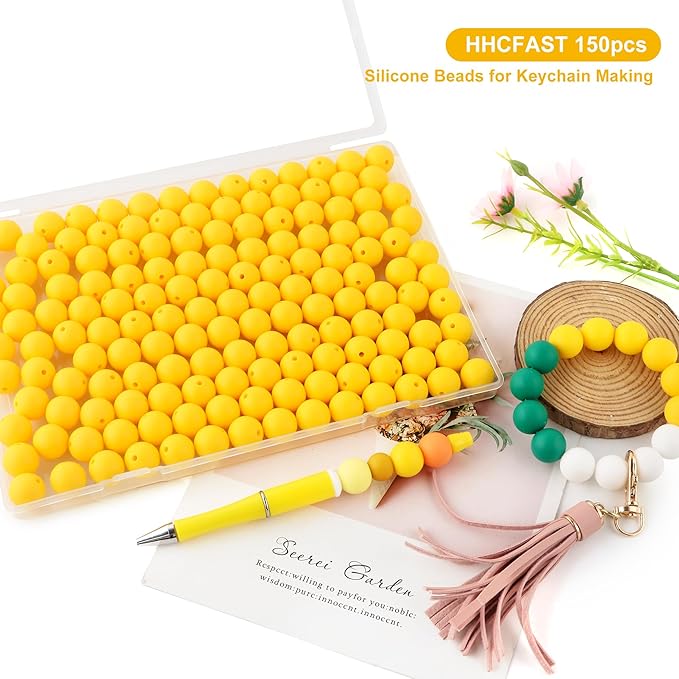 150Pcs 15mm Silicone Beads for Keychain Making Bracelet Necklace, Bulk Round Silicone Beads for Pens（Yellow）