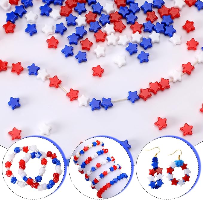 UPINS 1200pcs Red White and Blue Beads,4th of July Beads Patriotic Star Shaped Beads American Beads Memorial Day Beads DIY Jewelry Making Crafts