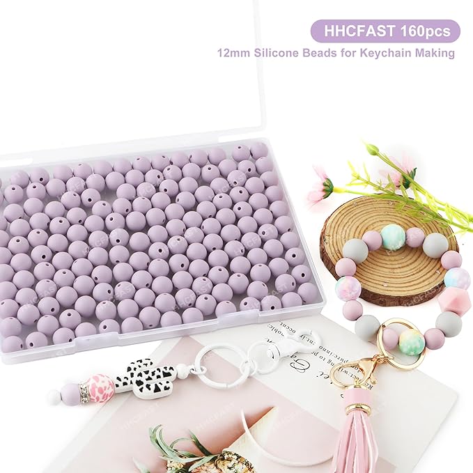 160Pcs 12mm Silicone Beads for Keychain Making Bracelet Necklace, Bulk Round Silicone Beads for Pens（Lilac）