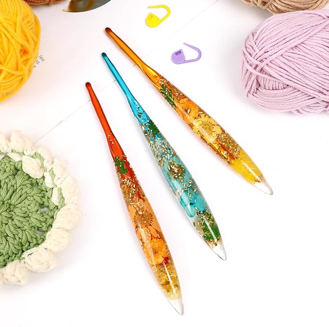 KOKNIT Ergonomic Crochet Hooks Set - 3 Sizes with Floral Resin Handles for Arthritis & Beginners, Comfort Grip for Hand Pain, Extended Soft Handle Design (Multicolor, 5-5.5-6mm)