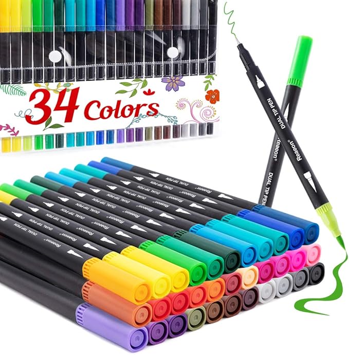 Coloring Markers Pen, Dual Brush Tip Marker for Adult Coloring, 34 Color Calligraphy Brush Fine Tip Pen for Beginner Journal Planner, Drawing, Doodle