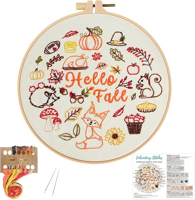 Louise Maelys Fall Embroidery Kits for Beginners,Cross Stitch kit for Adults,DIY Needlepoint for Starters,Including Cloth with Autumn Pattern,Hoop,Instruction and Threads
