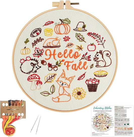 Louise Maelys Fall Embroidery Kits for Beginners,Cross Stitch kit for Adults,DIY Needlepoint for Starters,Including Cloth with Autumn Pattern,Hoop,Instruction and Threads