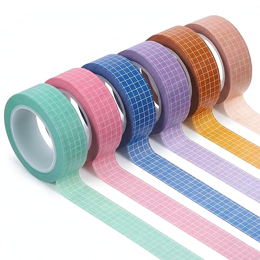 6 Rolls Grid Washi Tape Set, 0.4" x 32ft Decorative Plaid Masking Tapes Assorted Adhesive Arts Thin Checkered Washi Tape Scrapbook Tapes for Planners, Scrapbooking, DIY Crafts, Journals, Gift Wrapping
