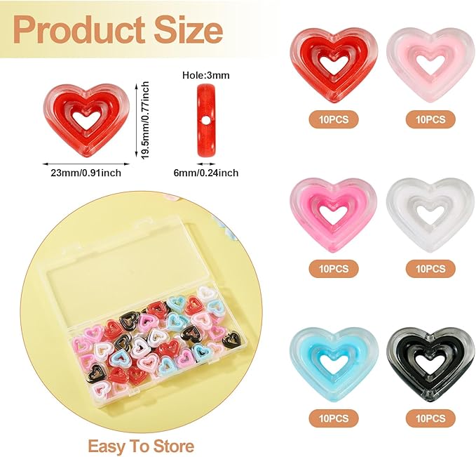 FASHEWELRY 60Pcs Acrylic Crystal Heart Beads Clear Love Heart Beads Candy Color Cute Pony Bead Aesthetic Bead for Valentine Day Bracelet Necklace Jewelry Making