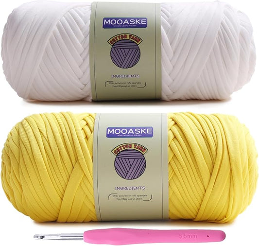 2 Pack T-Shirt Crochet Yarn for DIY Knitting Crochet Cloth Blanket Bag Dolls - 400g Chunky Thick Yarn for Crocheting with Polyester-Spandex Blend Elastic Fabric (Yellow+White)