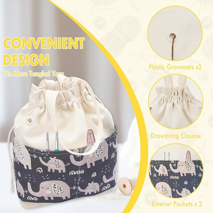 Crochet Bag, Handy Knitting Project Yarn Bag, Crochet Accessories Yarn Storage Organizer, Knitting Bags and Totes for Crocheting on The Go, 12x13x5'' (Gray Elephant, Small)