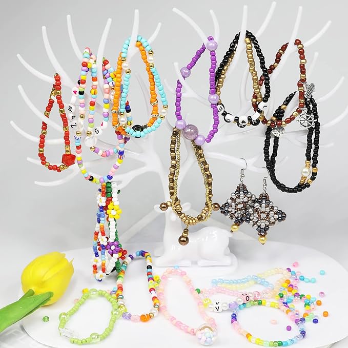 8600 pcs 4mm 6/0 48 Colors Glass Seed Beads, Charms Bracelet Jewelry Making Beads Kit Gifts Small Craft Glass Beads with Beading Elastic String for Bracelets Earrings Necklaces Making（48 Colors）