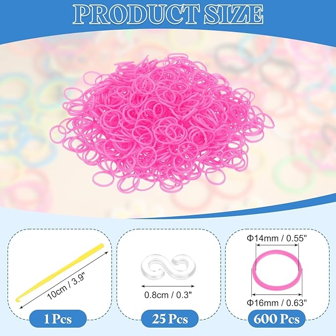 uxcell 600Pcs Loom Rubber Band, Bracelet Making Refill Kit Elastic Loom Band with 25Pcs S-Clips and 1Pcs Crochet Hooks for Weaving DIY Handcrafts, Pink