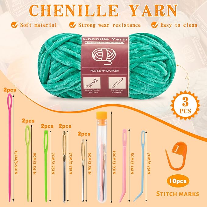 LUNARM Chenille Yarn for Crocheting Knitting, 3 Skein 263 Yard Thick Soft Chunky Fluffy Weaving Plush Yarn for Blankets Clothes Pattern Creations with Big Eye Needles (Jade Green)